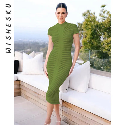 Sexy O Neck Short Sleeve Ruched Midi Dress Women Knitted See Through Beach Cover Up 2023 Spring Fall Luxury Fairy Birthday Robe