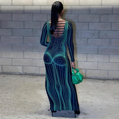 Hugcitar Striped Print Long Sleeve See Through Sexy Bodycon Maxi Dress 2023 Winter Women Y2K Evening Party Festival Clothes