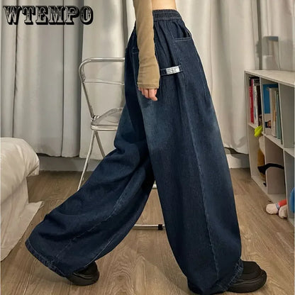 Spring Women Vintage Baggy Jeans Elastic Waist Oversized American Trouser Denim Wide Leg Streetwear Straight Basic Pants Y2k