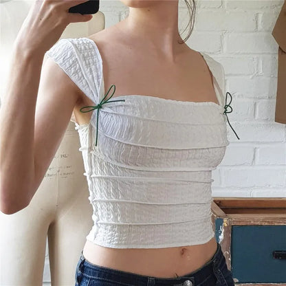 WhereMery Y2K Cute Bow Lace Up Crop Top Aesthetic Texture Square-neck Sleeveless T Shirt 2023 Summer Women Streetwear Slim Tees