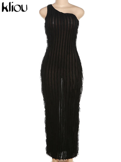 Kliou – robe Maxi drapée pour femmes, asymétrique épaule dénudée, taille Slim, élégante, au-dessus du genou, pour filles, fête, Club, rue, couleur unie, noir