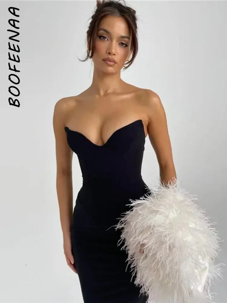 BOOFEENAA Sexy negro sin tirantes vestidos con corsé para mujer fiesta de noche elegante cuello en V espalda descubierta ceñido al cuerpo largo Maxi vestido C76-DF20