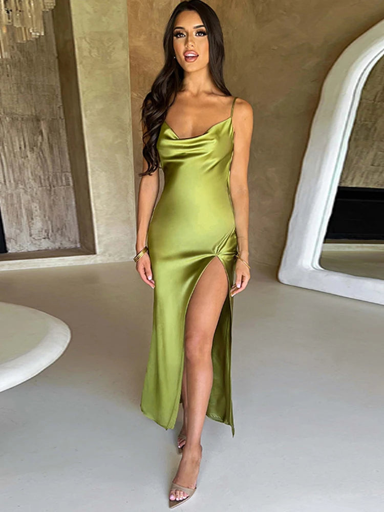 Dulzura Lace Up Backless Satin Strap Maxi Dress For Women Side Slit Bodycon Sexy  Party Elegant Birthday Evening Outfits Summer