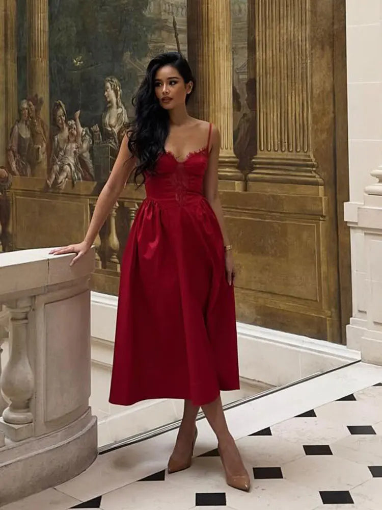 Vestido largo de retales de encaje rojo para mujer, Vestidos elegantes calados ajustados con corte en A para banquete, Vestidos de noche de fiesta a la moda para mujer