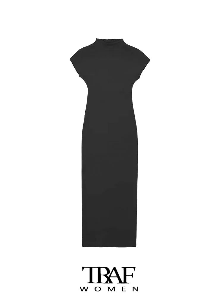 TRAF-vestido Midi ajustado a la moda para Mujer, Vestidos Vintage de manga corta con cuello redondo, Vestidos para Mujer