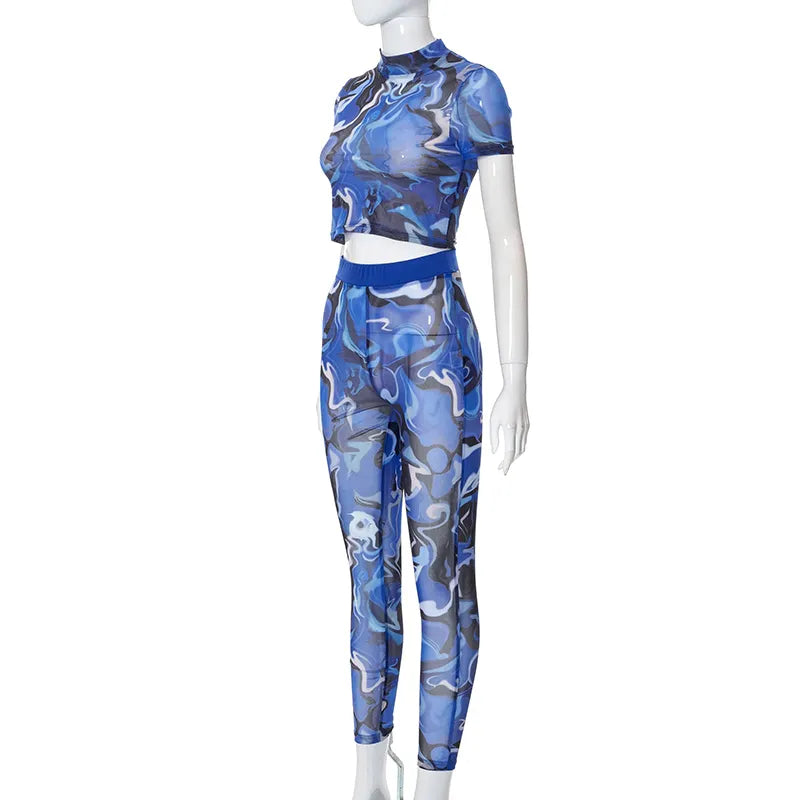 CUTENOVA Mesh Suit Colorfull Printed Short Sleeve O Neck Crop T-shirt+Pant Tracksuit Woman 2pcs Casual set