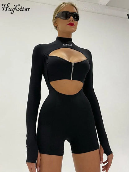 Hugcitar Turtleneck Long Sleeves Letter Print Zip Up Hollow Out Sexy Bodycon Playsuit 2023 Fall Casual Women Streetwear Y2K Romp