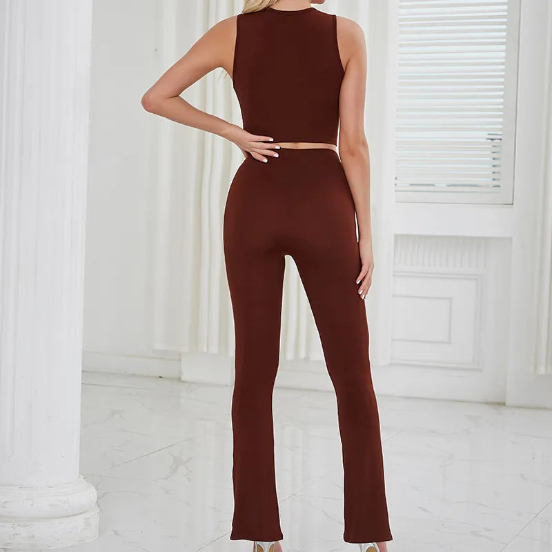 CUTENOVA solide deux pièces ensemble femmes été Sexy évider haut court et Flare pantalon tenues correspondant vêtements pantalon ensemble femme