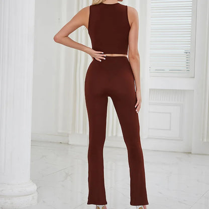 CUTENOVA Solid Two Piece Set Women Summer Sexy Hollow Out Crop Top And Flare Pants Outfits Matching Clothes Pants Set Female