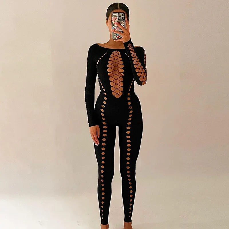 BUILDINGB Sexy Skeleton See Through Slashing Collar Full Sleeve Pants For Women Fashion Solid Jumpsuit