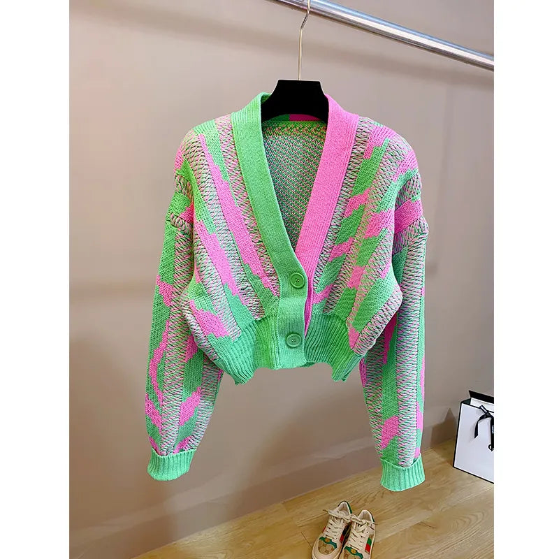 Cardigan court vert bloc de couleurs pour femmes, haut en tricot à manches longues, de rue, nouvelle mode coréenne Dongdaemun, automne hiver 2023