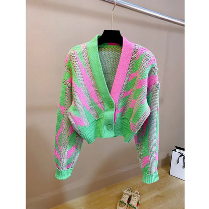 Women Color Block Green Crop  Cardigan High Street Long Sleeve Knit Top 2023 Autumn Winter New in Korean Dongdaemun Fashion