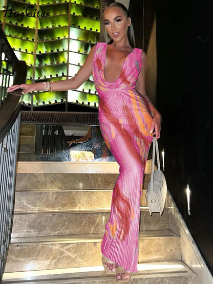 Hugcitar Tie Dye Striped Swing Backless Draped Sexy Bodycon Maxi Dress 2023 Fall Women Fashion Outfit Beach Party Nightclub Y2K