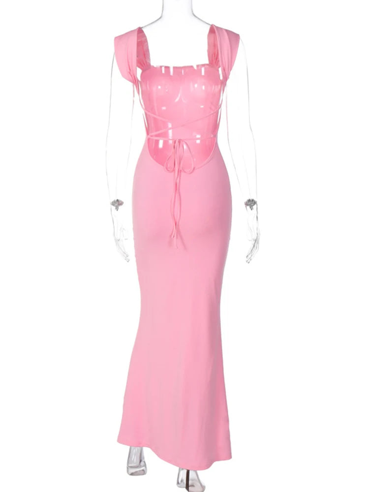 Dulzura-Vestido largo rosa con cordones y espalda descubierta para mujer, vestido largo Sexy ajustado con tirantes, vestido elegante para fiesta y noche de cumpleaños