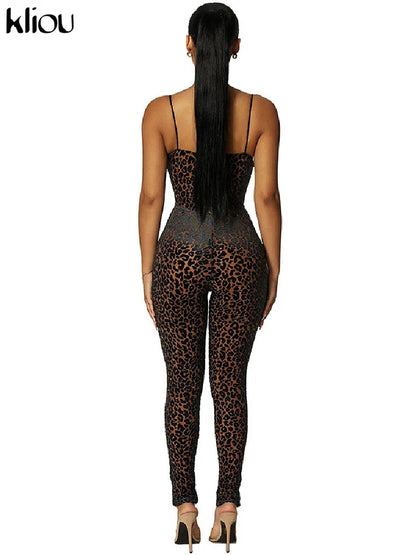 Kliou Flocking Mesh Jumpsuit Women Autumn Sexy Camis Leopard Patchwork Body-Shaping One Piece Clothing Midnight Attire Clubwear