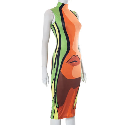 CUTENOVA Fashion Orange And Green Color Clashing Stand Collar Sleeveless Dress Big Sexy Lips Printed Slim Outfit