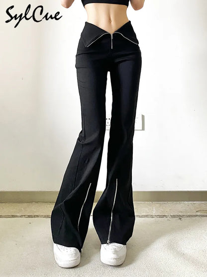 Sylcue Black Slim Stretch Versatile Commuter Classic High Waist Simple Split Young Women's Zipper Flared Trousers Girl Casual