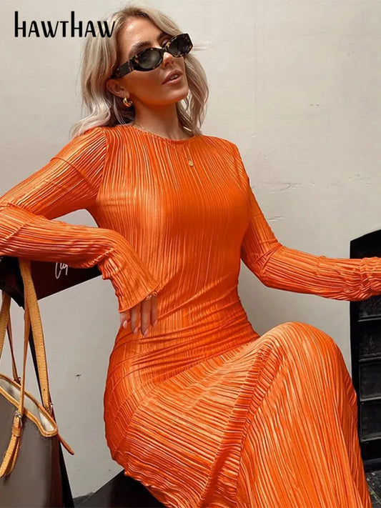 Hawthaw-vestido Midi naranja ajustado para mujer, ropa de calle de manga larga a la moda, ropa de otoño 2022, artículos al por mayor para negocios