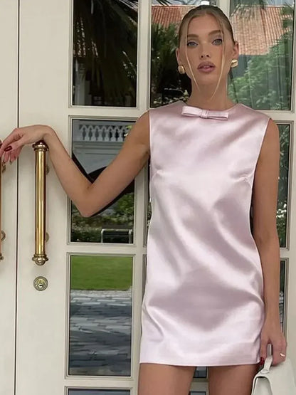 Minivestido Sexy liso con cuello redondo y espalda descubierta para mujer, minivestido liso sin mangas de cintura alta, vestidos cortos para oficina y banquete, batas para fiesta y discoteca 2024