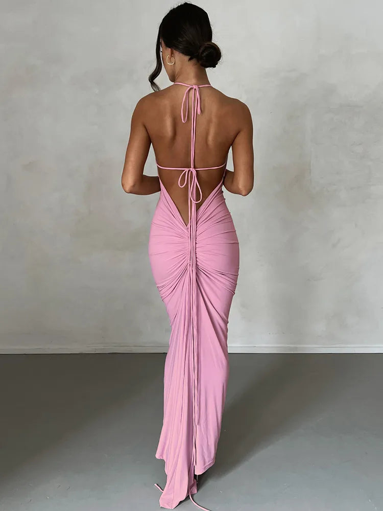 Kliou Elegant Concise Maxi Dresses Women Fashion Solid Lengthen Straped Backless Ruched Bodycon Evening Party Female Attirewear