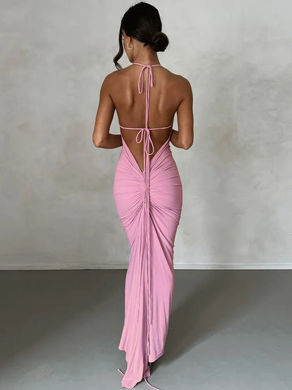 Kliou Elegant Concise Maxi Dresses Women Fashion Solid Lengthen Straped Backless Ruched Bodycon Evening Party Female Attirewear