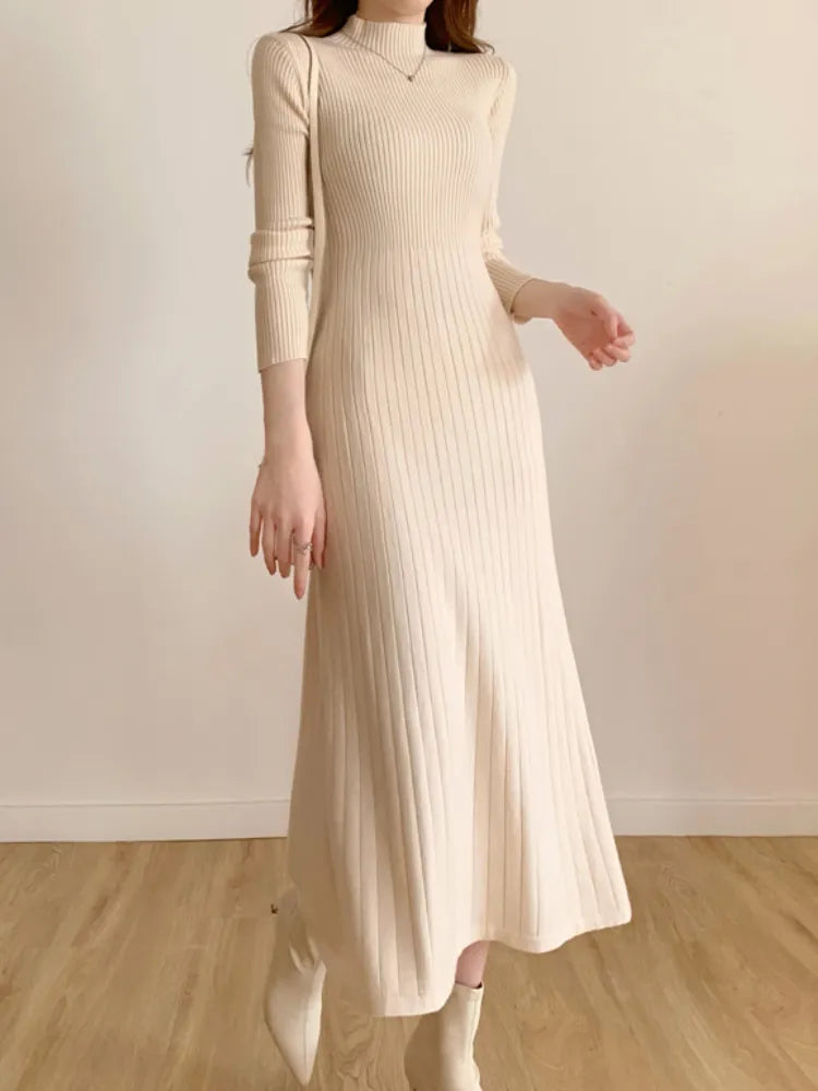 Robe mi-longue de soirée pour femmes, Slim, manches longues, tricotée, col mi-haut, élégante, pull tricoté, collection automne hiver 2023