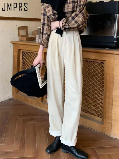 JMPRS High Waist Women Vintage Corduroy Pants Straight Casual Spring Trousers Koran Vintage Coffee Pockets All Match Pants New