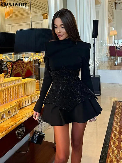 Chic Sequin Black Mini Dress For Women Fashion O Neck High Waist Long Sleeve A-line Skirt 2024 Female Evening Prom Vestidos