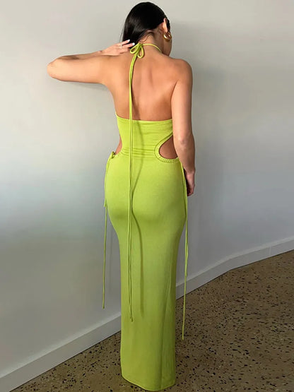 Hugcitar Lace Up Halter Maxi Dress For Women 2023 Summer Outfits Hollow Out Bodycon Clothes Party Elegant Birthday Evening