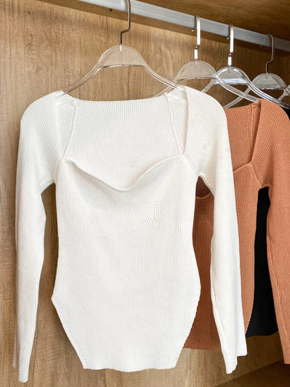 Suéteres de manga larga con cuello cuadrado para mujer, Jersey de punto para mujer, suéter para primavera y otoño, Tops de invierno para mujer, jersey blanco y negro