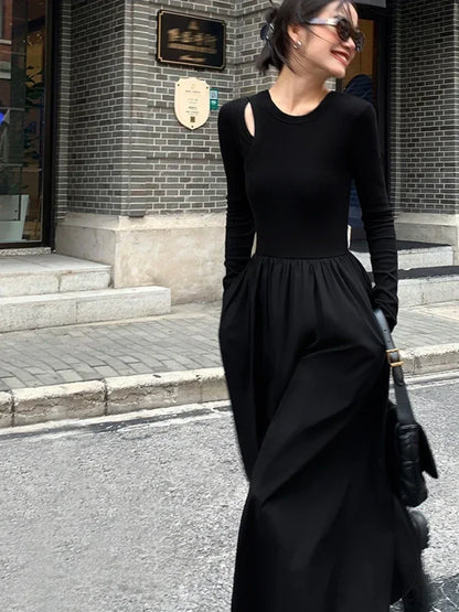 Vintage Knitting Maxi Wedding Dresses for Women Clothing O Neck Office Lady Casual Pockets Bodycon Midi Dress Winter 2023 Black