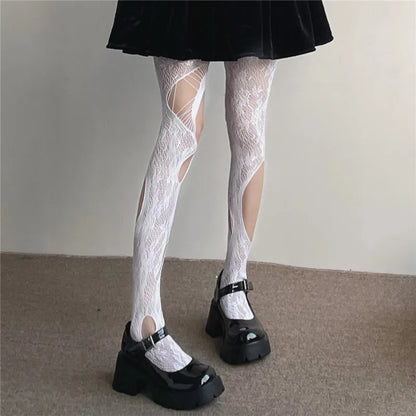 Floral Jacquard Sexy Stockings Women Gothic Punk Black Fishnet Pantyhose Harajuku Lolita Irregular Ripped Holes Mesh Tights