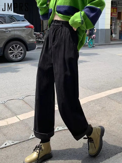 JMPRS High Waist Women Vintage Corduroy Pants Straight Casual Spring Trousers Koran Vintage Coffee Pockets All Match Pants New