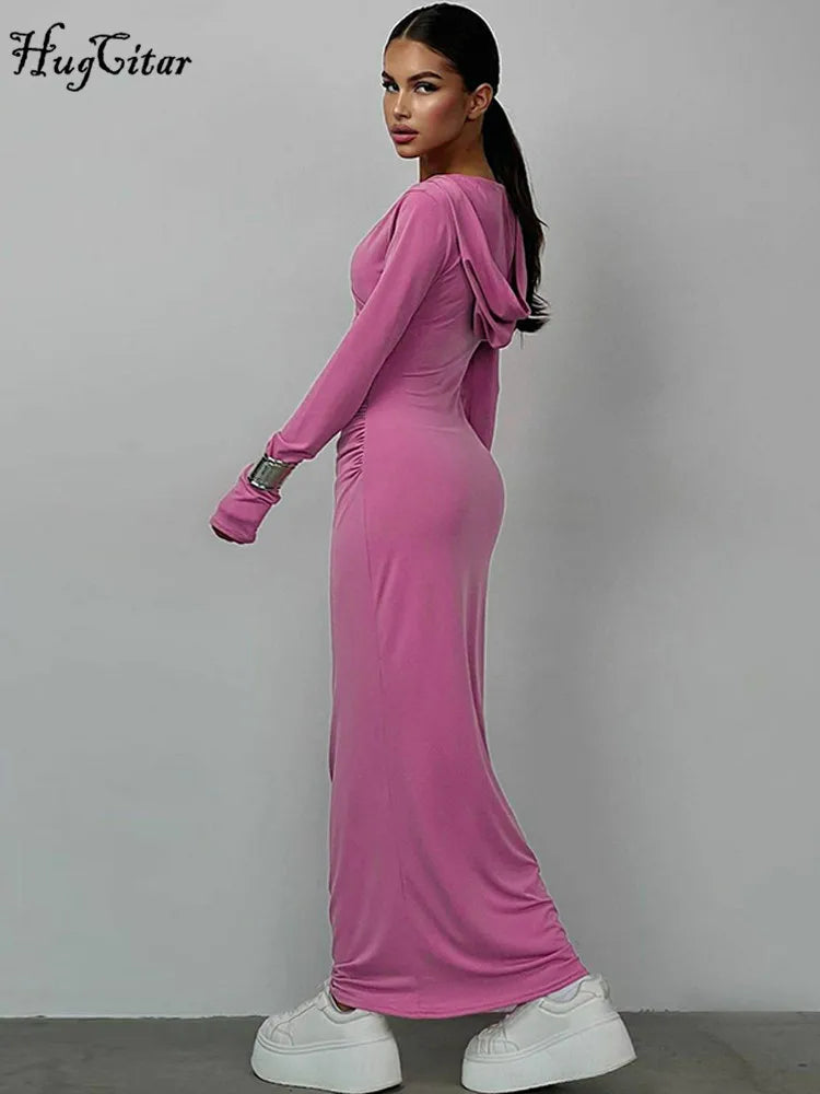 Hugcitar – robe longue drapée à capuche, couleur unie, col en V, manches longues, Sexy, Slim, mode femme hiver Y2K, tenues de fête, Streetwear, 2023