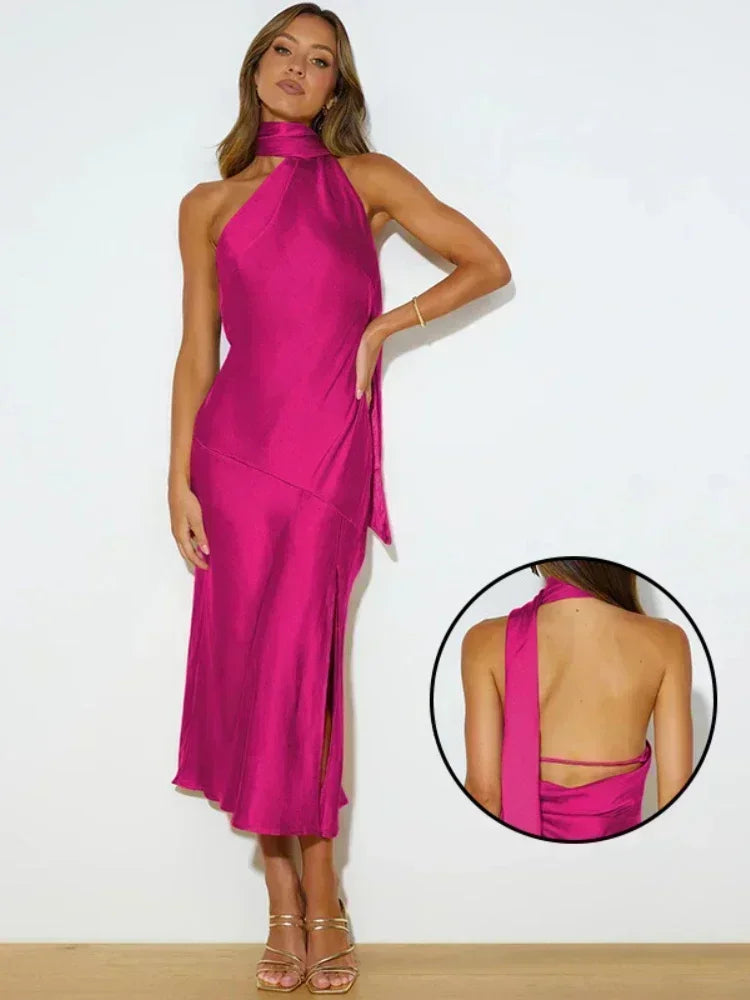 Vestido largo elegante de satén con espalda descubierta para mujer, vestido de fiesta largo de verano, Color sólido, sin mangas, vestido de noche por debajo de la rodilla 2023