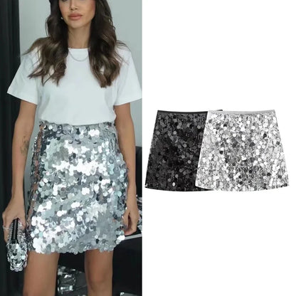 TRAF Woman Black Silver Sequin Skirt Mini Shine Skirts for Women High waist Fashion Sexy Coquette Short Skirt Party Rave Skirts