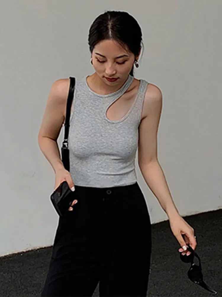 Casual white cut t shirt women round neck sleeveless korean slim t shirts women clothing 2023 summer fashion