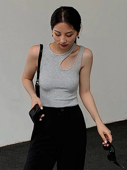 Casual white cut t shirt women round neck sleeveless korean slim t shirts women clothing 2023 summer fashion