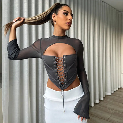 CUTENOVA Summer Sexy Mesh Bandage T Shirt Club Clothes For Women 2023 Long Sleeve O Neck Crop Tees Top Female Solid Tee Shirt