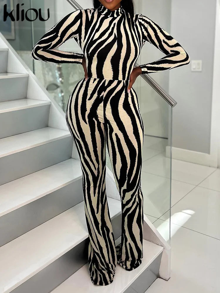 kliou Classic Striped Print Jumpsuits Women Fashion Long Sleeve Sexy Back Hollow Out Slim Fit Flare Overalls Female Attirewear