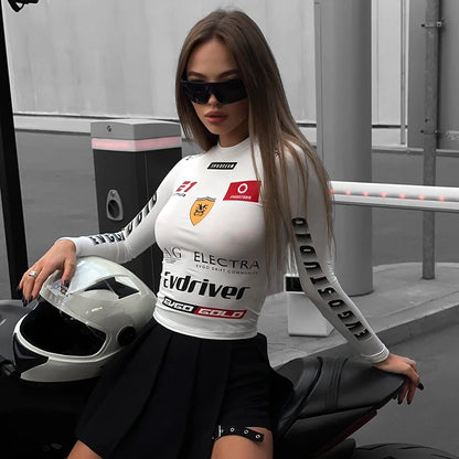 CUTENOVA Motoring elegante letras impresas pulóver camisa cuello redondo manga larga otoño camiseta básica mujer ropa de calle