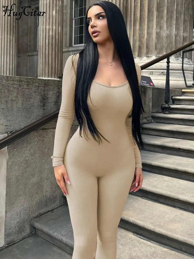 Hugcitar Ribbed Solid Long Sleeve Backless Transparent Slip Bodycon Jumpsuit Fall Women Fashion Streetwear Club Romper Overalls