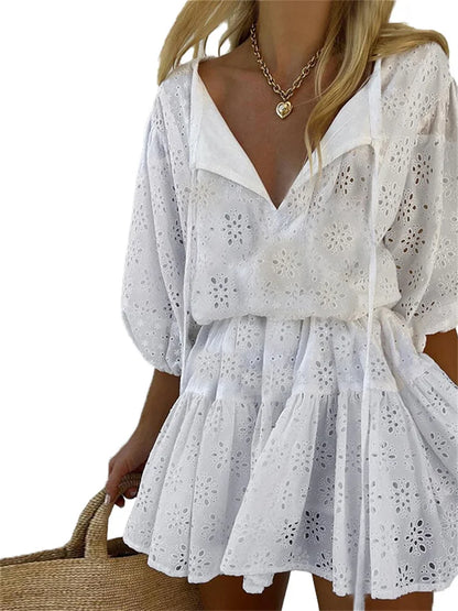 CHRONSTYLE – Mini robe en dentelle florale pour femmes, élégante, manches courtes, col en v, couleur unie, taille haute, ajourée, robe de soirée, 2022