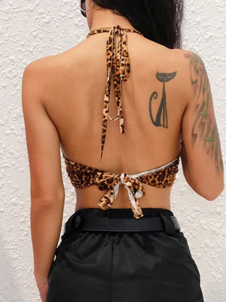 Leopard Printed Sexy Halter Crop Top Women Camis Backless Bandage Lace Up Sequins Metal Ring Tank Top 2023 Party Club Bustier