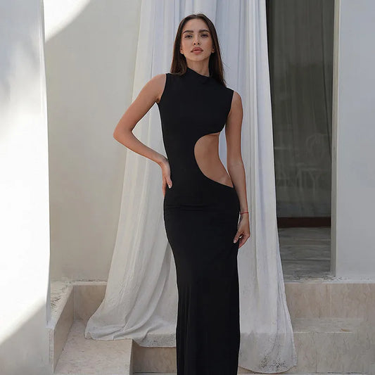 CUTENOVA negro minimalista cuello redondo sin mangas ahueca hacia fuera vestidos ajustados vestido de banquete para mujer