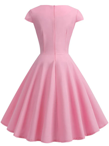 Vestido rosa de verano para mujer, vestido Vintage con cuello en V, vestido Vintage con vuelo, vestido elegante Retro pin up para fiesta y oficina, vestidos por debajo de la rodilla