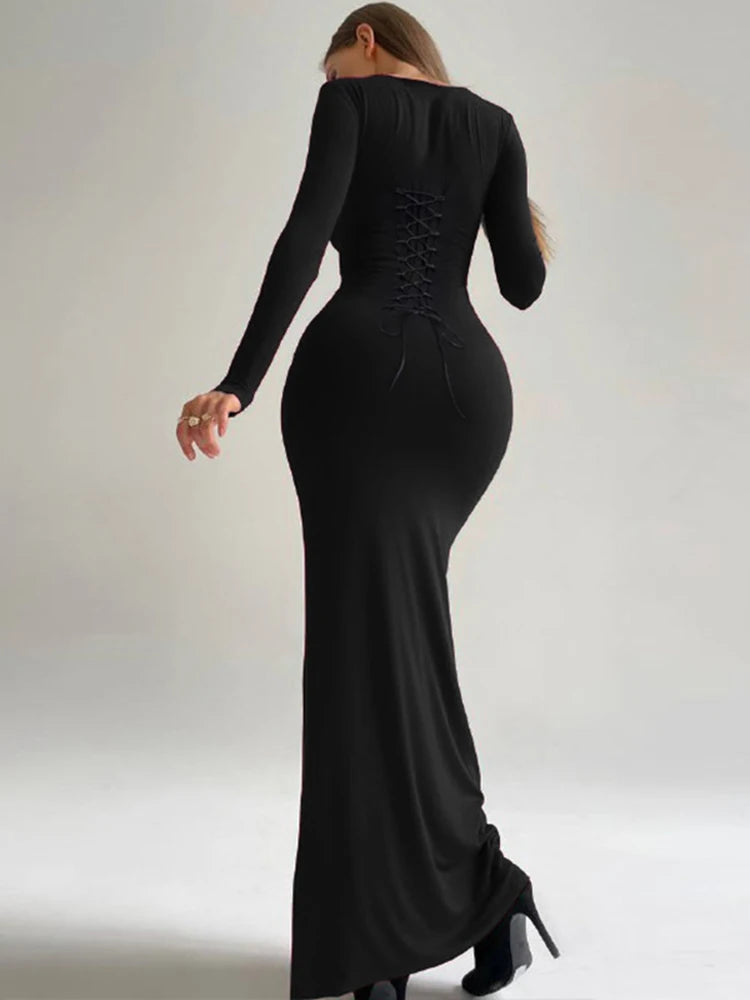 Dulzura Lace Up Bandage Long Sleeve Maxi Dress Women Bodycon Black Long Dress Party Club Outfit Streetwear Evening Drop Shipping