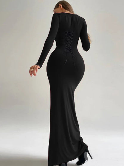 Dulzura Lace Up Bandage Long Sleeve Maxi Dress Women Bodycon Black Long Dress Party Club Outfit Streetwear Evening Drop Shipping