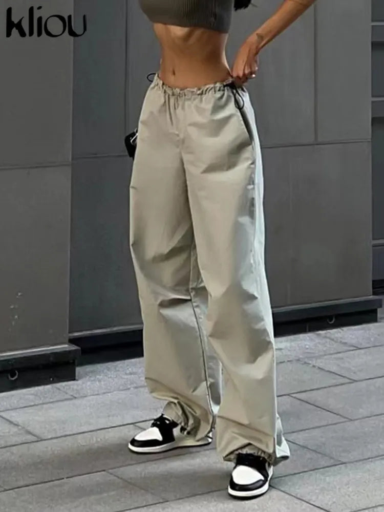 Kliou Solid Casual Oversized Cargo Pants Women Hipster Drawstring Loose Harajuku Vintage Trousers Streetwear Female Bottoms