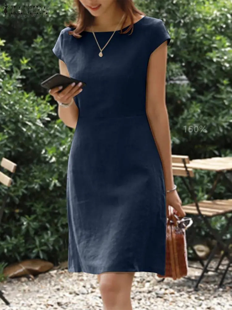 ZANZEA Female O-Neck Zipper Short Sleeve Sundress Summer Woman Solid Dress Stylish Elegant Work OL Vintage Loose Midi Dresses